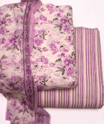 Off White Floral Print Cotton Suit